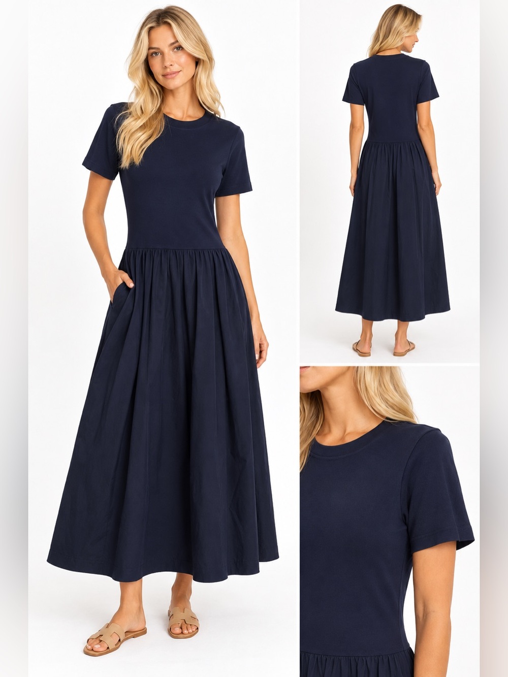 Bailey/44 Navy Blue Mixed Media Drop Waist Midi Dress